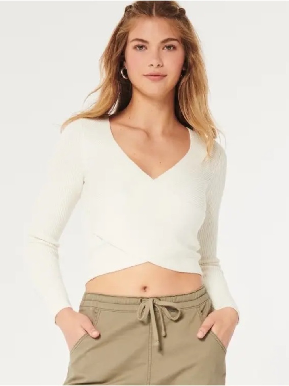 GUESS Ribbed Wrap V Neck Top Cream Long Sleeve Size M
